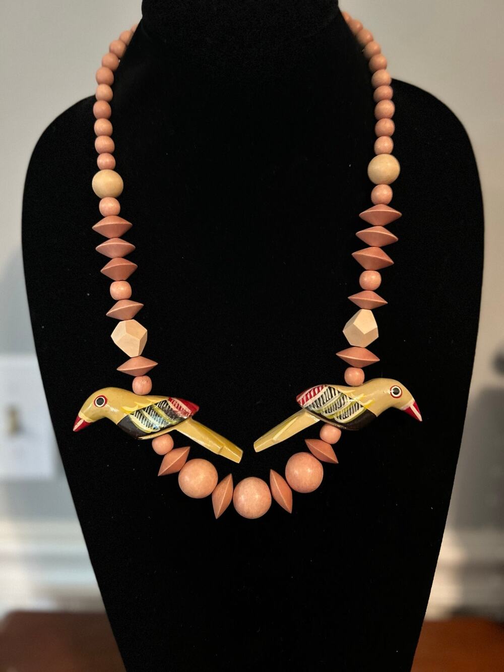 Hand Painted Wood Bird Necklace Geometric Pattern Beaded Boho Long Collar 26"